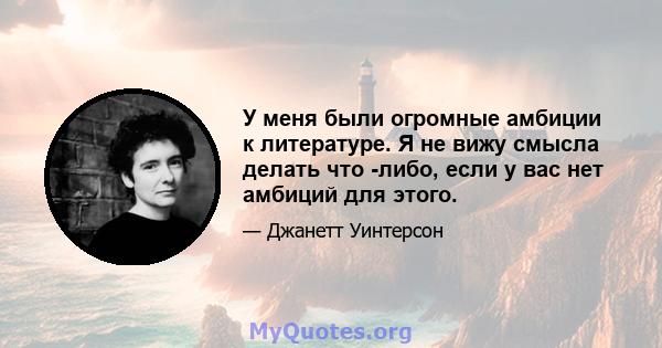 У меня были огромные амбиции к литературе. Я не вижу смысла делать что -либо, если у вас нет амбиций для этого.