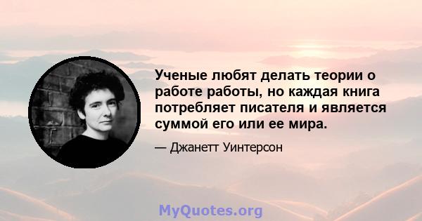 Ученые любят делать теории о работе работы, но каждая книга потребляет писателя и является суммой его или ее мира.