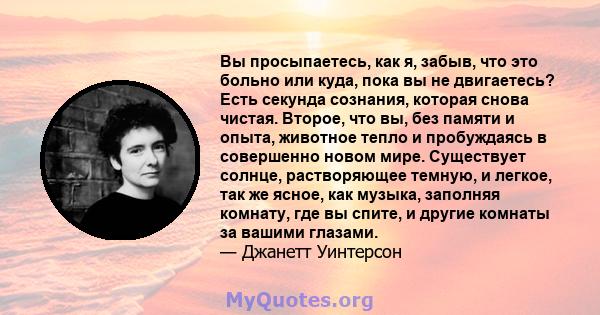 Вы просыпаетесь, как я, забыв, что это больно или куда, пока вы не двигаетесь? Есть секунда сознания, которая снова чистая. Второе, что вы, без памяти и опыта, животное тепло и пробуждаясь в совершенно новом мире.