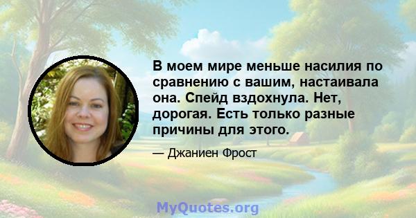 В моем мире меньше насилия по сравнению с вашим, настаивала она. Спейд вздохнула. Нет, дорогая. Есть только разные причины для этого.