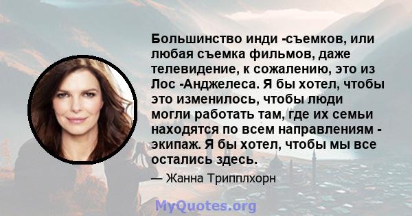 Большинство инди -съемков, или любая съемка фильмов, даже телевидение, к сожалению, это из Лос -Анджелеса. Я бы хотел, чтобы это изменилось, чтобы люди могли работать там, где их семьи находятся по всем направлениям -