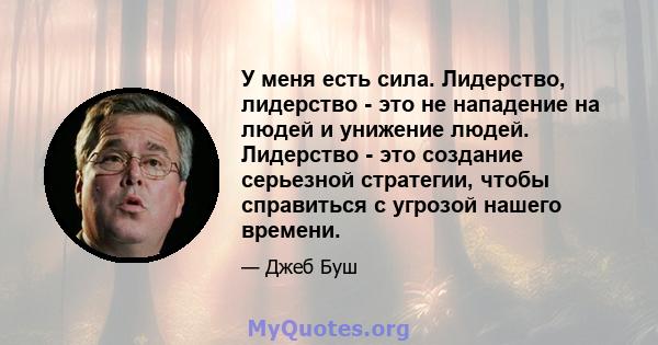 У меня есть сила. Лидерство, лидерство - это не нападение на людей и унижение людей. Лидерство - это создание серьезной стратегии, чтобы справиться с угрозой нашего времени.