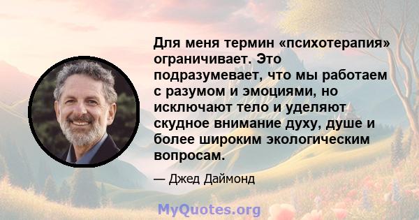 Для меня термин «психотерапия» ограничивает. Это подразумевает, что мы работаем с разумом и эмоциями, но исключают тело и уделяют скудное внимание духу, душе и более широким экологическим вопросам.