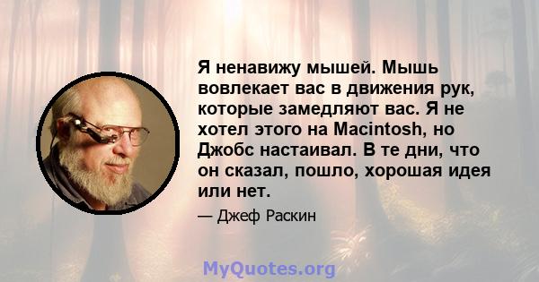 Я ненавижу мышей. Мышь вовлекает вас в движения рук, которые замедляют вас. Я не хотел этого на Macintosh, но Джобс настаивал. В те дни, что он сказал, пошло, хорошая идея или нет.