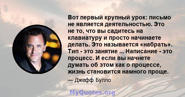 Вот первый крупный урок: письмо не является деятельностью. Это не то, что вы садитесь на клавиатуру и просто начинаете делать. Это называется «набрать». Тип - это занятие ... Написание - это процесс. И если вы начнете