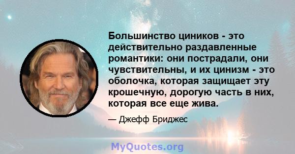 Большинство циников - это действительно раздавленные романтики: они пострадали, они чувствительны, и их цинизм - это оболочка, которая защищает эту крошечную, дорогую часть в них, которая все еще жива.