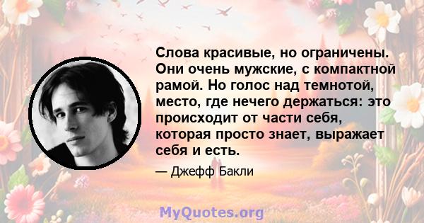 Слова красивые, но ограничены. Они очень мужские, с компактной рамой. Но голос над темнотой, место, где нечего держаться: это происходит от части себя, которая просто знает, выражает себя и есть.