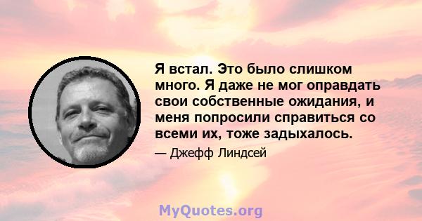 Я встал. Это было слишком много. Я даже не мог оправдать свои собственные ожидания, и меня попросили справиться со всеми их, тоже задыхалось.