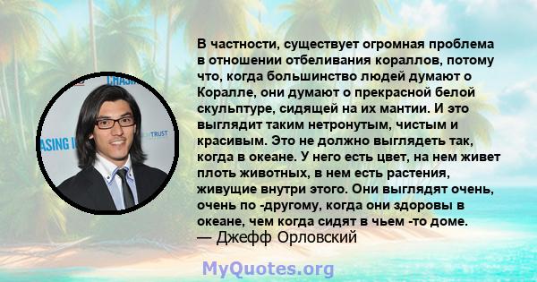 В частности, существует огромная проблема в отношении отбеливания кораллов, потому что, когда большинство людей думают о Коралле, они думают о прекрасной белой скульптуре, сидящей на их мантии. И это выглядит таким