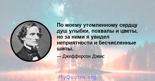 По моему утомленному сердцу душ улыбки, похвалы и цветы, но за ними я увидел неприятности и бесчисленные шипы.