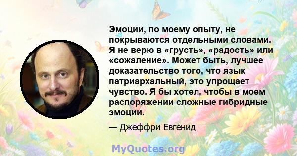 Эмоции, по моему опыту, не покрываются отдельными словами. Я не верю в «грусть», «радость» или «сожаление». Может быть, лучшее доказательство того, что язык патриархальный, это упрощает чувство. Я бы хотел, чтобы в моем 