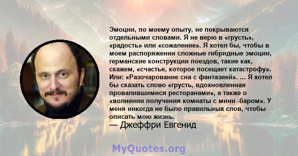 Эмоции, по моему опыту, не покрываются отдельными словами. Я не верю в «грусть», «радость» или «сожаление». Я хотел бы, чтобы в моем распоряжении сложные гибридные эмоции, германские конструкции поездов, такие как,