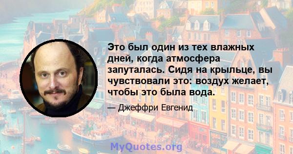 Это был один из тех влажных дней, когда атмосфера запуталась. Сидя на крыльце, вы чувствовали это: воздух желает, чтобы это была вода.