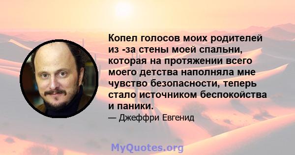 Копел голосов моих родителей из -за стены моей спальни, которая на протяжении всего моего детства наполняла мне чувство безопасности, теперь стало источником беспокойства и паники.