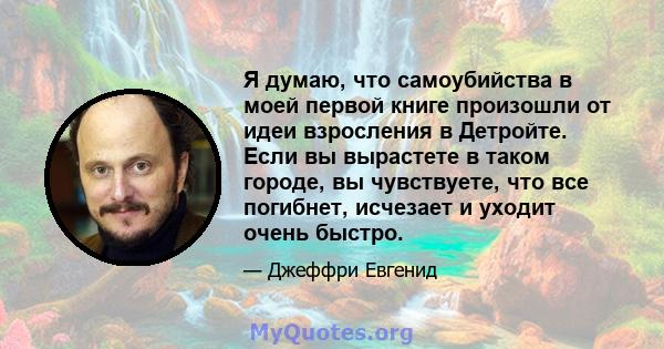 Я думаю, что самоубийства в моей первой книге произошли от идеи взросления в Детройте. Если вы вырастете в таком городе, вы чувствуете, что все погибнет, исчезает и уходит очень быстро.