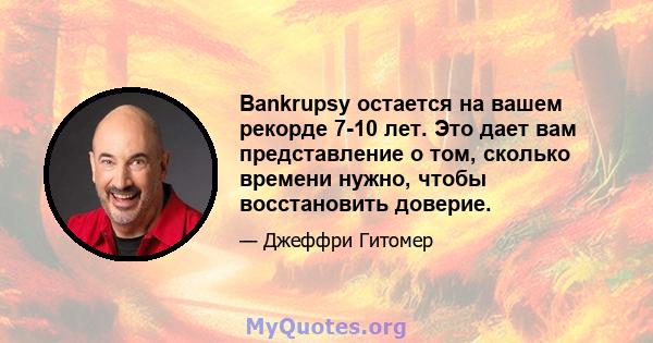 Bankrupsy остается на вашем рекорде 7-10 лет. Это дает вам представление о том, сколько времени нужно, чтобы восстановить доверие.