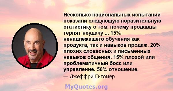 Несколько национальных испытаний показали следующую поразительную статистику о том, почему продавцы терпят неудачу ... 15% ненадлежащего обучения как продукта, так и навыков продаж. 20% плохих словесных и письменных