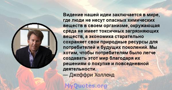 Видение нашей идеи заключается в мире, где люди не несут опасных химических веществ в своем организме, окружающая среда не имеет токсичных загрязняющих веществ, а экономика старательно сохраняет свои природные ресурсы