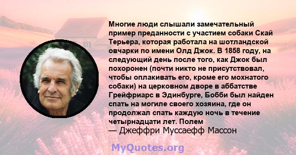 Многие люди слышали замечательный пример преданности с участием собаки Скай Терьера, которая работала на шотландской овчарки по имени Олд Джок. В 1858 году, на следующий день после того, как Джок был похоронен (почти