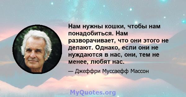 Нам нужны кошки, чтобы нам понадобиться. Нам разворачивает, что они этого не делают. Однако, если они не нуждаются в нас, они, тем не менее, любят нас.