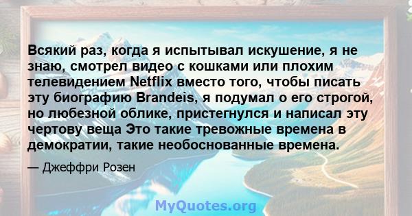 Всякий раз, когда я испытывал искушение, я не знаю, смотрел видео с кошками или плохим телевидением Netflix вместо того, чтобы писать эту биографию Brandeis, я подумал о его строгой, но любезной облике, пристегнулся и