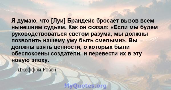 Я думаю, что [Луи] Брандейс бросает вызов всем нынешним судьям. Как он сказал: «Если мы будем руководствоваться светом разума, мы должны позволить нашему уму быть смелыми». Вы должны взять ценности, о которых были