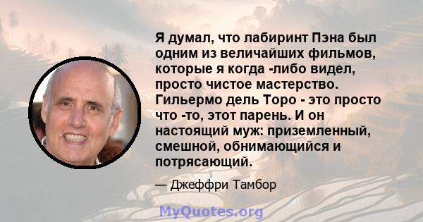 Я думал, что лабиринт Пэна был одним из величайших фильмов, которые я когда -либо видел, просто чистое мастерство. Гильермо дель Торо - это просто что -то, этот парень. И он настоящий муж: приземленный, смешной,