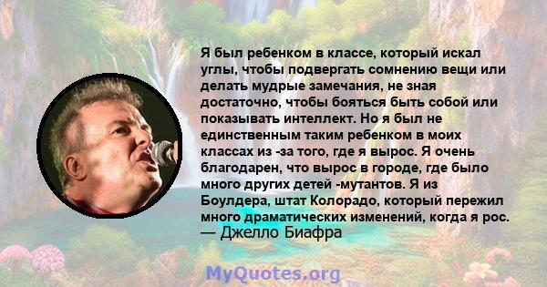 Я был ребенком в классе, который искал углы, чтобы подвергать сомнению вещи или делать мудрые замечания, не зная достаточно, чтобы бояться быть собой или показывать интеллект. Но я был не единственным таким ребенком в