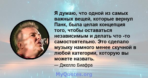 Я думаю, что одной из самых важных вещей, которые вернул Панк, была целая концепция того, чтобы оставаться независимым и делать что -то самостоятельно. Это сделало музыку намного менее скучной в любой категории, которую 