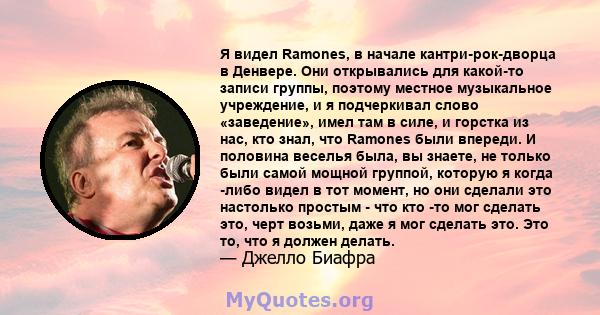 Я видел Ramones, в начале кантри-рок-дворца в Денвере. Они открывались для какой-то записи группы, поэтому местное музыкальное учреждение, и я подчеркивал слово «заведение», имел там в силе, и горстка из нас, кто знал,