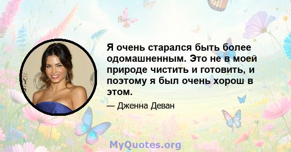 Я очень старался быть более одомашненным. Это не в моей природе чистить и готовить, и поэтому я был очень хорош в этом.