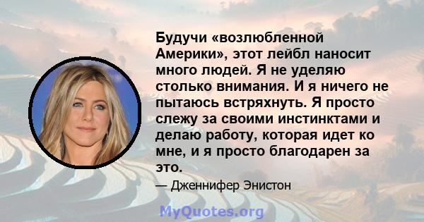 Будучи «возлюбленной Америки», этот лейбл наносит много людей. Я не уделяю столько внимания. И я ничего не пытаюсь встряхнуть. Я просто слежу за своими инстинктами и делаю работу, которая идет ко мне, и я просто