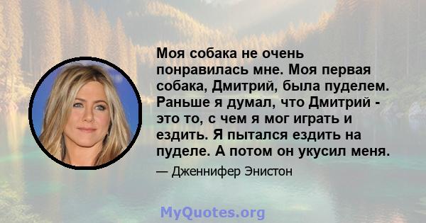 Моя собака не очень понравилась мне. Моя первая собака, Дмитрий, была пуделем. Раньше я думал, что Дмитрий - это то, с чем я мог играть и ездить. Я пытался ездить на пуделе. А потом он укусил меня.