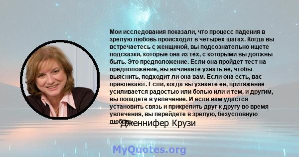 Мои исследования показали, что процесс падения в зрелую любовь происходит в четырех шагах. Когда вы встречаетесь с женщиной, вы подсознательно ищете подсказки, которые она из тех, с которыми вы должны быть. Это