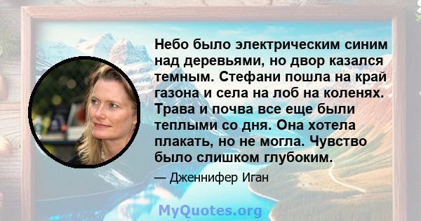 Небо было электрическим синим над деревьями, но двор казался темным. Стефани пошла на край газона и села на лоб на коленях. Трава и почва все еще были теплыми со дня. Она хотела плакать, но не могла. Чувство было