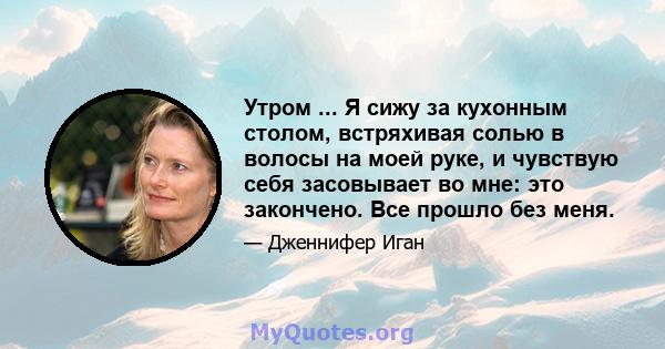 Утром ... Я сижу за кухонным столом, встряхивая солью в волосы на моей руке, и чувствую себя засовывает во мне: это закончено. Все прошло без меня.