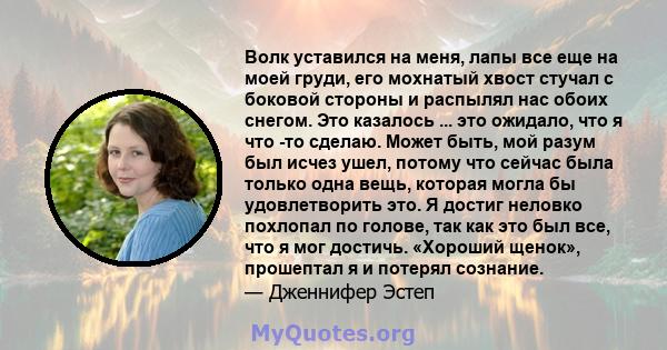 Волк уставился на меня, лапы все еще на моей груди, его мохнатый хвост стучал с боковой стороны и распылял нас обоих снегом. Это казалось ... это ожидало, что я что -то сделаю. Может быть, мой разум был исчез ушел,