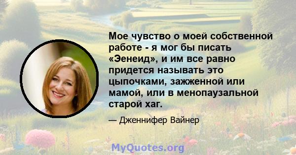 Мое чувство о моей собственной работе - я мог бы писать «Эенеид», и им все равно придется называть это цыпочками, зажженной или мамой, или в менопаузальной старой хаг.