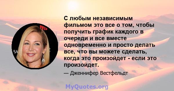 С любым независимым фильмом это все о том, чтобы получить график каждого в очереди и все вместе одновременно и просто делать все, что вы можете сделать, когда это произойдет - если это произойдет.