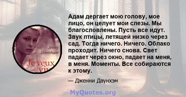 Адам дергает мою голову, мое лицо, он целует мои слезы. Мы благословлены. Пусть все идут. Звук птицы, летящей низко через сад. Тогда ничего. Ничего. Облако проходит. Ничего снова. Свет падает через окно, падает на меня, 