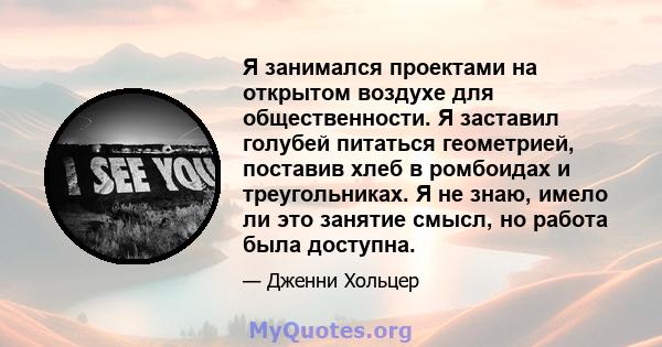 Я занимался проектами на открытом воздухе для общественности. Я заставил голубей питаться геометрией, поставив хлеб в ромбоидах и треугольниках. Я не знаю, имело ли это занятие смысл, но работа была доступна.