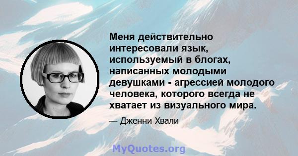 Меня действительно интересовали язык, используемый в блогах, написанных молодыми девушками - агрессией молодого человека, которого всегда не хватает из визуального мира.