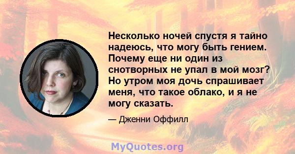 Несколько ночей спустя я тайно надеюсь, что могу быть гением. Почему еще ни один из снотворных не упал в мой мозг? Но утром моя дочь спрашивает меня, что такое облако, и я не могу сказать.