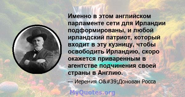 Именно в этом английском парламенте сети для Ирландии подформированы, и любой ирландский патриот, который входит в эту кузницу, чтобы освободить Ирландию, скоро окажется приваренным в агентстве подчинения своей страны в 