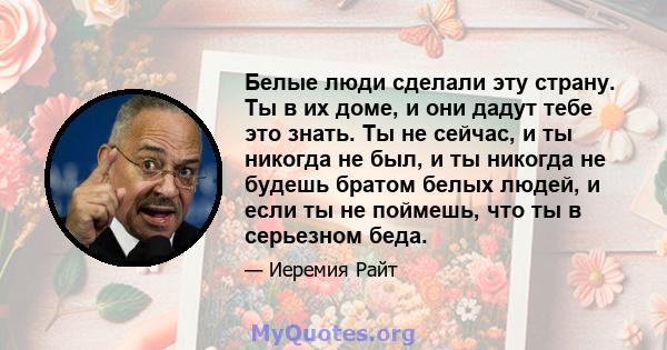 Белые люди сделали эту страну. Ты в их доме, и они дадут тебе это знать. Ты не сейчас, и ты никогда не был, и ты никогда не будешь братом белых людей, и если ты не поймешь, что ты в серьезном беда.