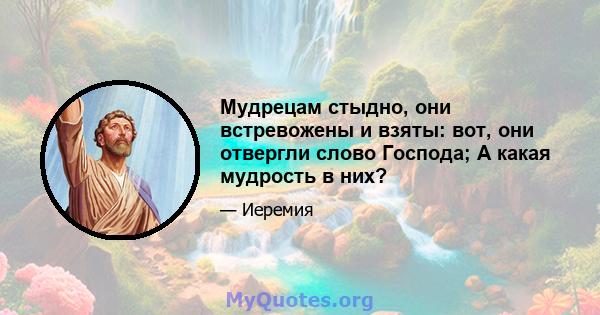 Мудрецам стыдно, они встревожены и взяты: вот, они отвергли слово Господа; А какая мудрость в них?