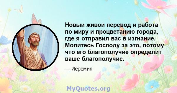 Новый живой перевод и работа по миру и процветанию города, где я отправил вас в изгнание. Молитесь Господу за это, потому что его благополучие определит ваше благополучие.