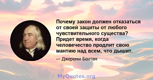 Почему закон должен отказаться от своей защиты от любого чувствительного существа? Придет время, когда человечество продлит свою мантию над всем, что дышит.