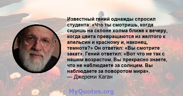 Известный гений однажды спросил студента: «Что ты смотришь, когда сидишь на склоне холма ближе к вечеру, когда цвета превращаются из желтого к апельсин и красному и, наконец, темнота?» Он ответил: «Вы смотрите закат».