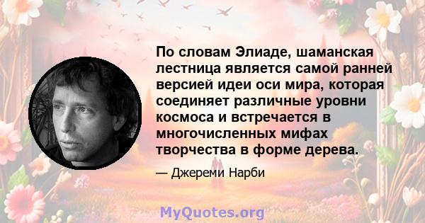 По словам Элиаде, шаманская лестница является самой ранней версией идеи оси мира, которая соединяет различные уровни космоса и встречается в многочисленных мифах творчества в форме дерева.